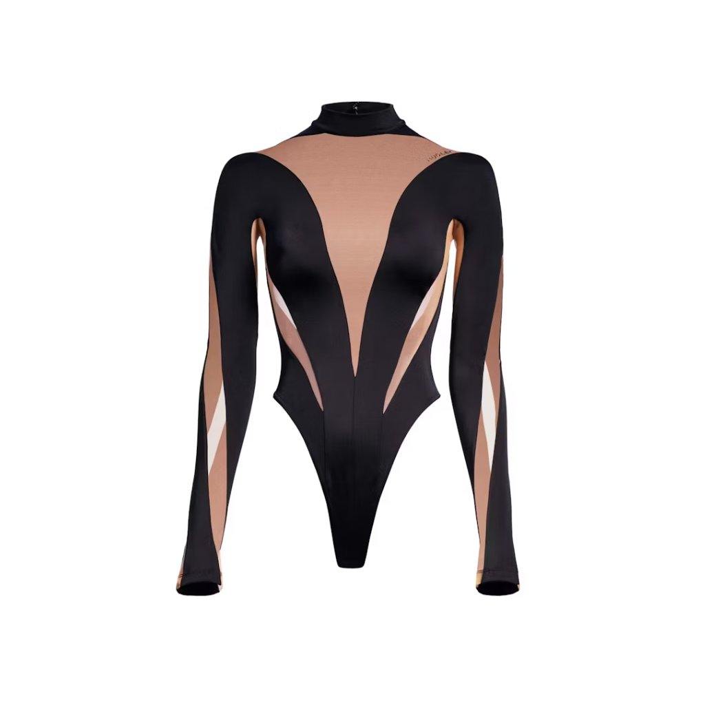 Mugler H&M Mesh-Paneled Bodysuit Beige/Black