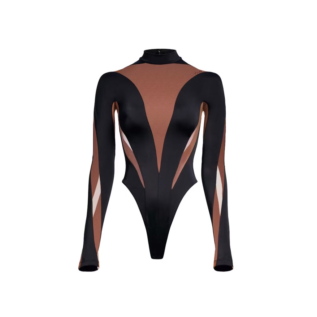 Mugler H&M Mesh-Paneled Bodysuit Dark Brown/Black